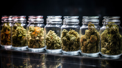 glass jars with different strain of cannabis display case with buds of medical marijuana generative ai - obrazy, fototapety, plakaty