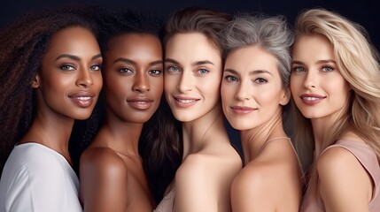 Obrazy na Plexi  A diverse group of beautiful women with natural beauty and glowing smooth skin. Portrait of many attractive female fashion models with great skincare of all races, tones and style, Generative AI