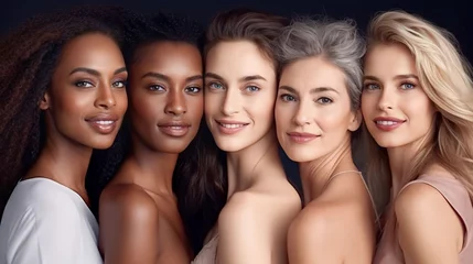 Foto op Plexiglas A diverse group of beautiful women with natural beauty and glowing smooth skin. Portrait of many attractive female fashion models with great skincare of all races, tones and style, Generative AI © Salsabila Ariadina