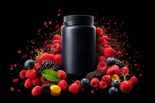 vitamin fruit supplement black empty bottle among flavor splash berries generative ai