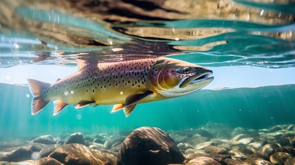Naklejka premium Salmon Swimming in Water, Image Ai Generated