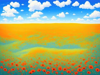 Poppy field, clouds in the blue sky. Created by a stable diffusion neural network.