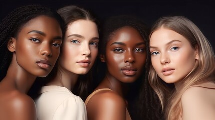 Obraz premium A diverse group of beautiful women with natural beauty and glowing smooth skin. Portrait of many attractive female fashion models with great skincare of all races, tones and style, Generative AI