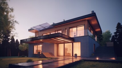 Modern country house with solar panels on the roof, beautiful modern architecture with modern technologies, alternative energy. Generative AI