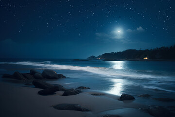 Fototapeta na wymiar bright night landscape by the sea at full moon generative ai