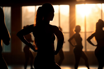 female fitness in the gym, silhouettes of women involved in sports with sundown background generative ai