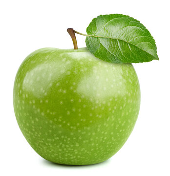 Organic green apple isolated on white background. Taste apple with leaf. With clipping path
