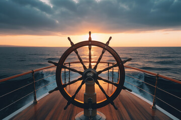 ship wheel on boat with sea and sky. freedom and adventure. direction concept. generative ai - 600732437