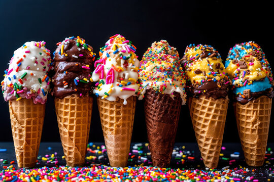 waffle horn with colorful ice cream cones with different flavors fruit and chocolate with confetti generative ai