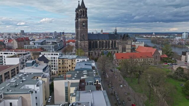 Aerial view of Magdeburg Cathedral (Dom zu Magdeburg) , Magdeburg, Saxony-Anhalt, Germany,