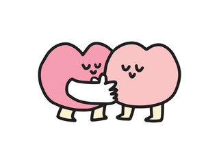 二人で笑顔で抱きしめ合うハート型のキャラクターのイラスト。愛情や信頼のコンセプト
