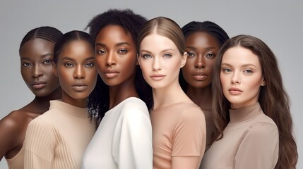 Obraz premium A diverse group of beautiful women with natural beauty and glowing smooth skin. Portrait of many attractive female fashion models with great skincare of all races, tones and style, Generative AI