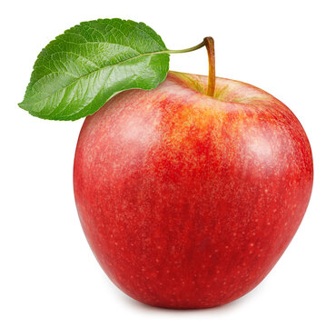 Red apple Clipping Path. Ripe whole apple with green leaf isolated on white background. Red apple macro studio photo