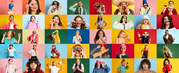 Collage made of portraits of diverse people, men and women showing different emotions over multicolored background. Happiness and shock. Concept of human emotions, youth, lifestyle, facial expression