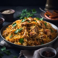 A plate of aromatic and spicy chicken biryani, featuring fragrant basmati rice, tender chicken pieces, and a variety of spices and herbs - Generative AI