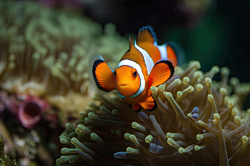 Clownfish swims above the animons on the ocean floor. Generative AI.