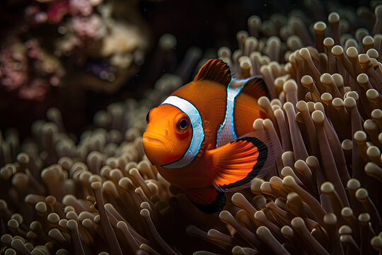 Clownfish swims above the animons on the ocean floor. Generative AI.