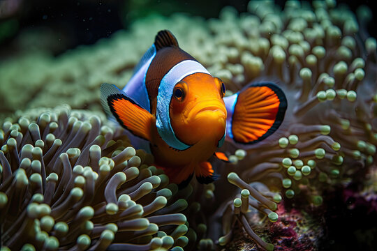 Clownfish swims above the animons on the ocean floor. Generative AI.