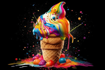 ice cream cone with red colorful splash smudges of fruit syrup generative ai