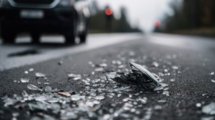 broken glass on the road car accident generative ai - obrazy, fototapety, plakaty
