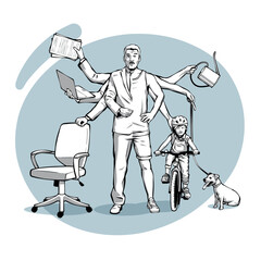 uncolored vector illustration of a stressed man balancing between workplace and family doing a lot of tasks. man with multiple arms. work-life-balance. mental overload. multitasking.