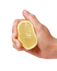 hand squeezing lemon isolated on transparent layered background.