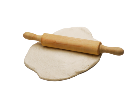 wood roller over pizza dough isolated on transparent layered background.