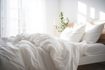 Fototapeta na wymiar morning white bed in the bedroom illuminated by sunlight generative ai