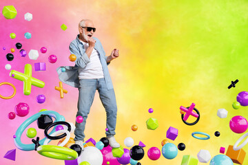 Colorful template collage of aged pensioner wear cool spectacles dance pop in metaverse reality...