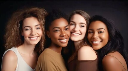 Fototapeta premium A diverse group of beautiful women with natural beauty and glowing smooth skin. Portrait of many attractive female fashion models with great skincare of all races, tones and style, Generative AI
