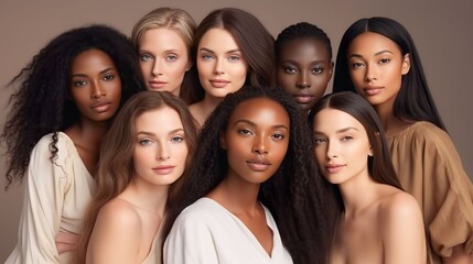 A diverse group of beautiful women with natural beauty and glowing smooth skin. Portrait of many attractive female fashion models with great skincare of all races, tones and style, Generative AI - obrazy, fototapety, plakaty