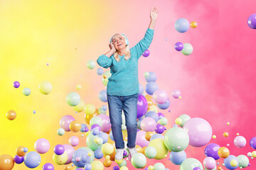 Obraz na płótnie Canvas Creative psychedelic template collage of senior aged woman celebrate event dancing with aqua flying ball blobs listen headset song