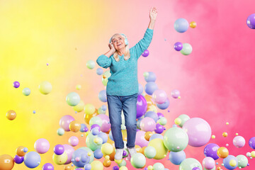 Creative psychedelic template collage of senior aged woman celebrate event dancing with aqua flying...