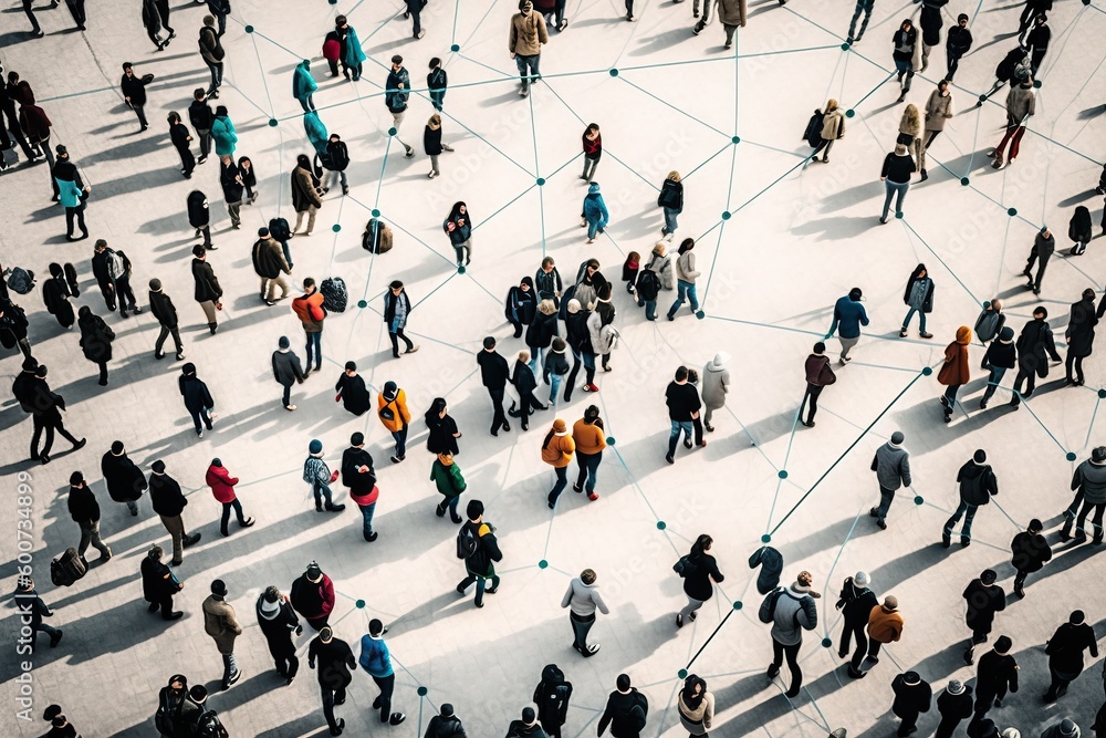 Wall mural aerial view of a crowd with a network of connections, generative ai