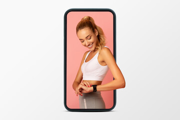 Cheerful young caucasian slender lady blond in sportswear checks pulse on fitness tracker