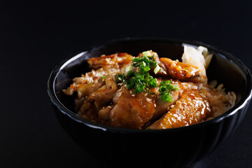 Grilled Chicken teriyaki rice Japanese food isolated in black background
