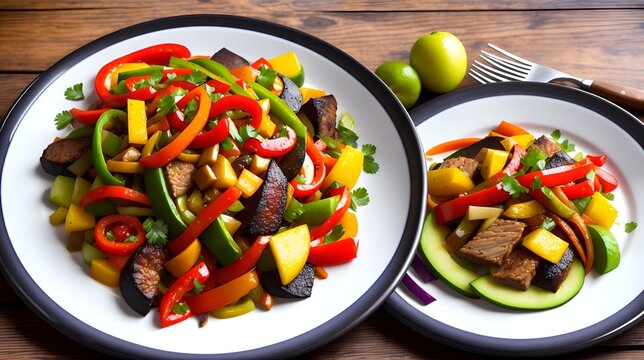 a plate of steaming hot fajitas with sizzling vegetables and meat, surrounded by colorful sides and garnishes