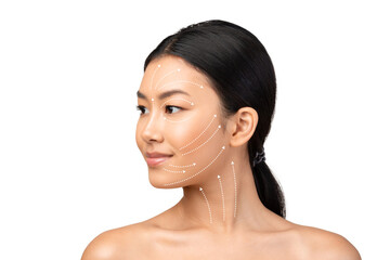 Asian Woman's Face Portrait With Lifting Arrows On White Background