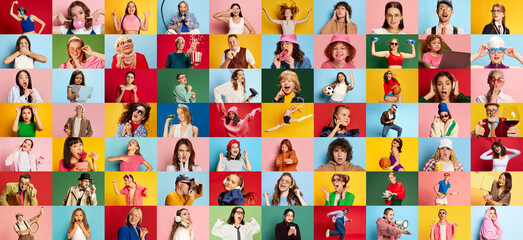 Collage made of portraits of different people of diverse age and gender over multicolored background. Sport, business and lifestyle. Concept of human emotions, youth, lifestyle, facial expression. Ad