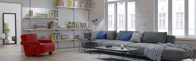 Large luxury modern bright interiors Living room mockup illustration 3D rendering computer digitally generated image