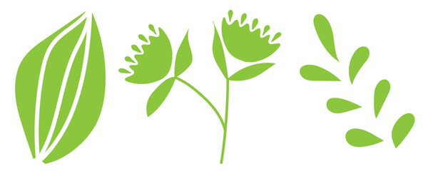 Stencil drawing of plants. Green vector botanical elements. Eco clipart. Flat and linear design. Summer set isolated on white background.