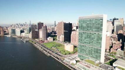 Gorgeous aerial of the United Nations Headquarters. 4K.