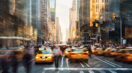 Blurred New York City streetscape, full of cars and yellow cabs. Generative AI