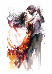 AI-generated watercolor painting of a couple, a man dressed in a white shirt and a woman in a light red dress, dancing happily together holding each other