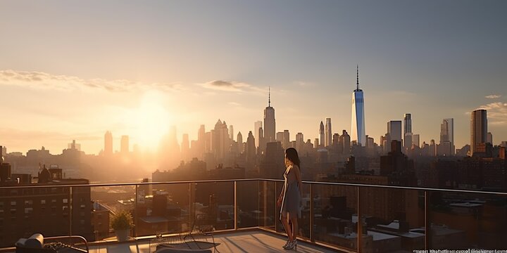 Basking in the golden sunlight, she marveled at the city skyline from the bustling rooftop bar, concept of Urban exploration, created with Generative AI technology