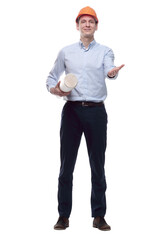 friendly architect with ready-made drawings. isolated on a white