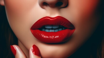Fototapeta premium Make up of woman with red lips. Generative AI