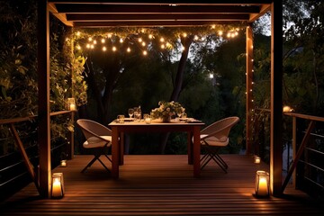 Romantic table for two under a pergola in the evening, generative ai