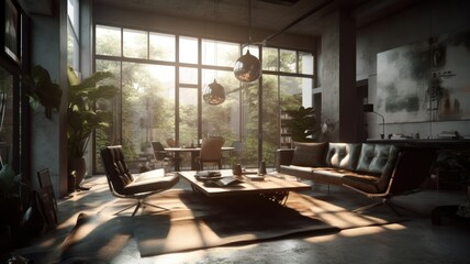Modern large, country living room, with leather sofas, large windows overlooking the garden, high-tech design Generative AI
