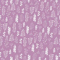 Seamless texture for your design. White grass and leaves on purple background. Illustration can be used for templates, wallpaper.